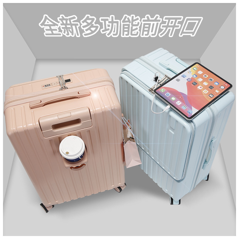 C31035Multifunctional front opening luggage source factory trolley case USB charging luggage cup holder travel case